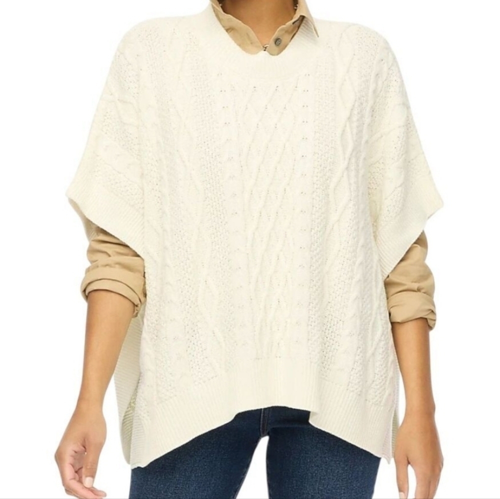 J Crew Cable Knit Sweater Poncho Womens Fisherman Sweater Top lvory One Size